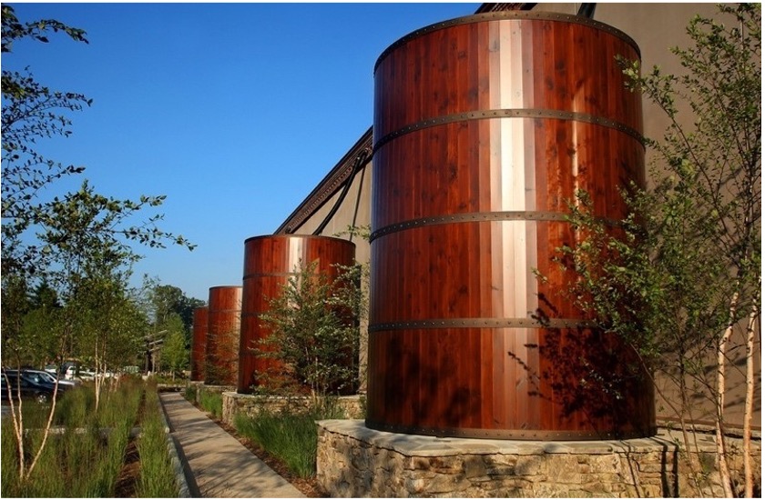 Above ground cisterns that capture water from the rooftop of Sierra Nevada's Mills River brewery (Photo Credit: Sierra Nevada)
